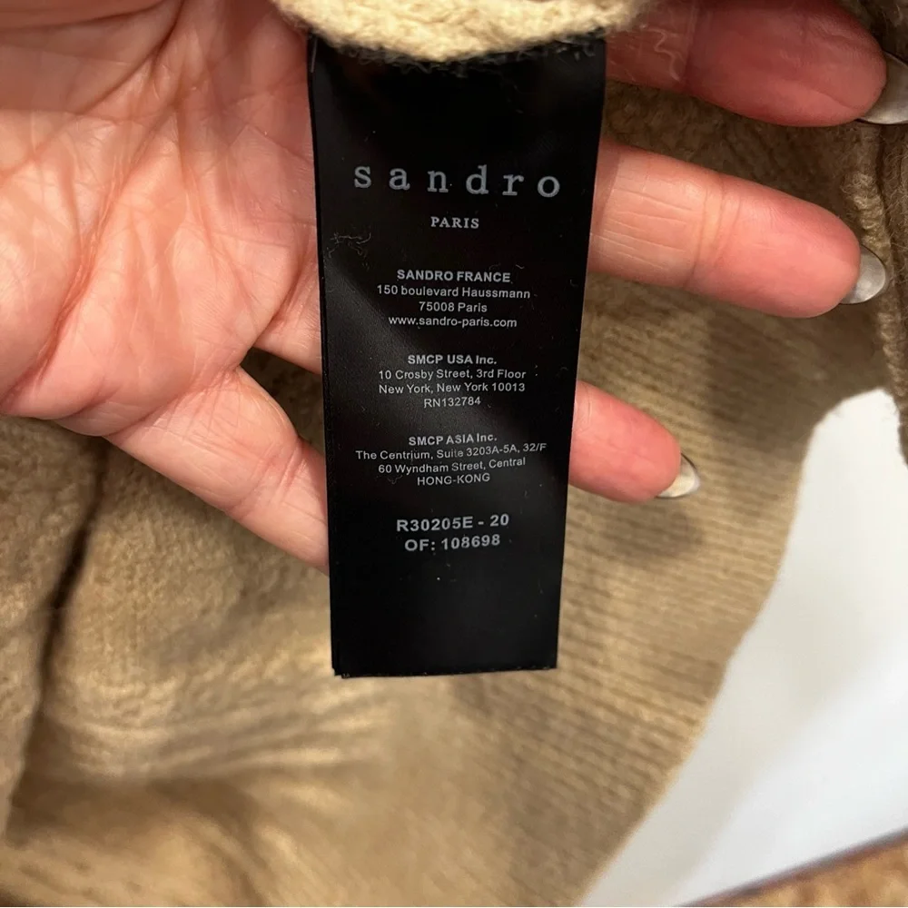 Sandro Ingrid Pom-Pom Cardigan MEDIUM Tan Cable-knit Sweater Pockets VGC - Picture 8 of 14